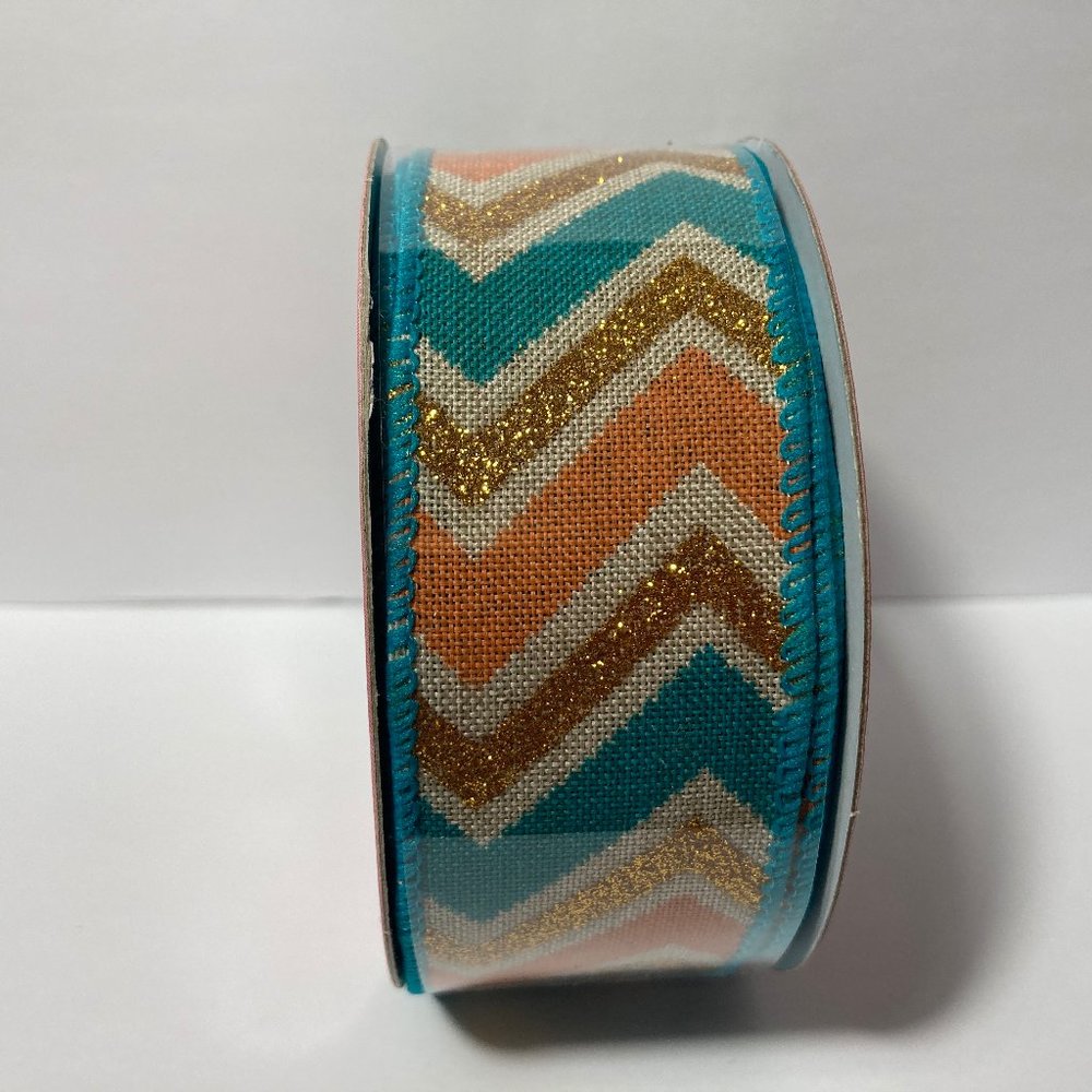 3 Wired Ribbon Teal Gold Glitter Orange Zig Zag